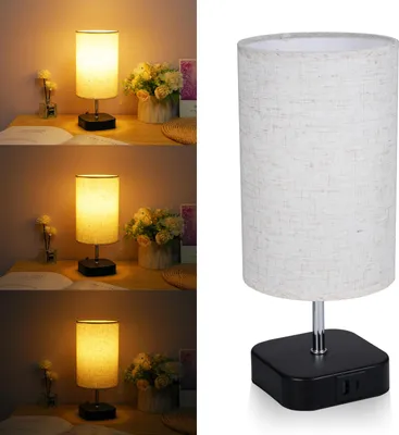A collage of three images showing a bedside lamp on a table with flowers and books, and a separate image of the lamp itself.