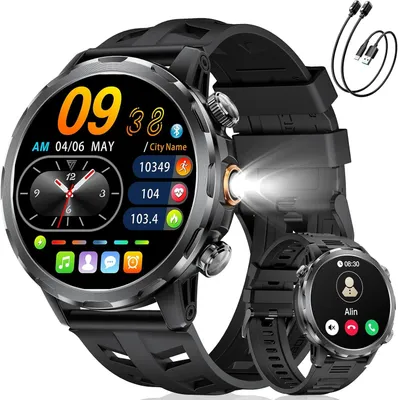 Produktbild von Herren Smartwatch mit LED-Licht, 1.7" HD Display, Bluetooth Anrufen, 100+ Sportmodi,Herzfrequenz & Schlafmonitor,1000mAh,IP68 Wasserdicht, 2 Armbänder