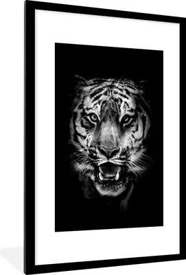 Produktbild von MuchoWow® Gerahmtes Poster Tiger Kopf auf schwarzem Hintergrund - schwarz und weiß 60x90 cm - Poster mit Schwarzem Bilderrahmen Wandposter Rahmen Foto Bilder - Dekoration - Wandposter Wohnzimmer - Hochwertig