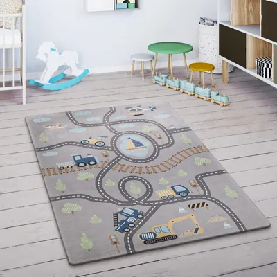 Produktbild von Kinderteppich waschmaschinenwaschbar Straße Kinderzimmer schmutzabweisend Grau Rechteckig 155x230 | 100% Polyester | pflegeleicht