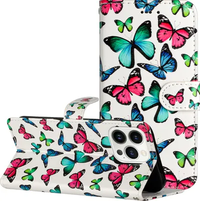 Produktbild von CLM-Tech Hülle kompatibel mit iPhone 14 Pro - Tasche aus Kunstleder - Klapphülle mit Ständer und Kartenfächern, bunte Schmetterlinge