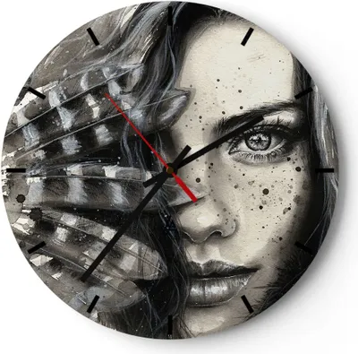 Produktbild von Wanduhr - Rund - Glasuhr - Frau Federn Lippen Kunst. - 30x30cm - Schleichendes Uhrwerk - Lautlos - zum Aufhängen bereit - Dekoration Modern - Wanddekoration aus Glas - C3AR30x30-2874