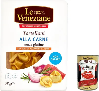 Produktbild von 4x Le veneziane Tortelloni carne senza glutine, Fleisch Tortelloni gluten free, Pasta nudeln glutenfrei 250g + Italian Gourmet polpa 400g