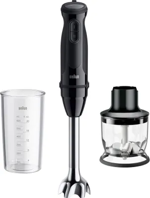 A black Braun hand blender with its accessories, a measuring cup and a chopper attachment, displayed on a white background.