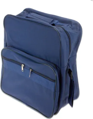 A blue wheelchair bag with multiple compartments and zippers, shown against a white background.