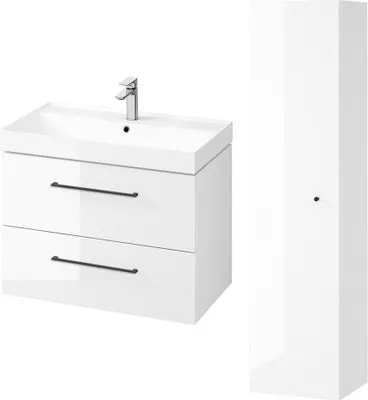 Produktbild von BADLAND Badmöbel Set LARGA 80 Waschbecken-Unterschrank, Hochschrank 160, Türen mit Spiegel, Weiß, Schwarz Möbelgriffe