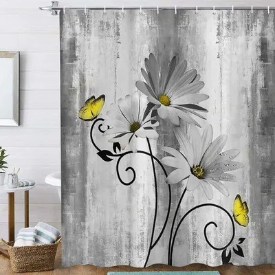Obrázok produktu pre Sprchová závesa v štýle vidieckeho domu – vintage kvety – 180 x 200 cm – sivá – polyester