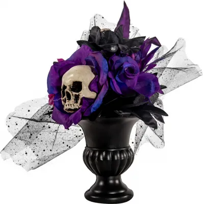 Produktbild von Gothic Blumenvase mit Violett-Schwarzen Rosen und Totenkopf 30 cm
