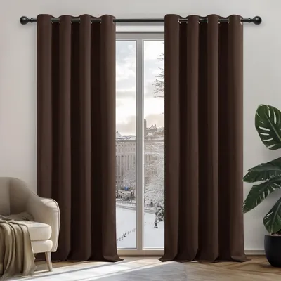 Image de Rideau occultant avec œillets, rideaux de protection thermique, dimensions 214x132 cm, couleur marron, lot de 2