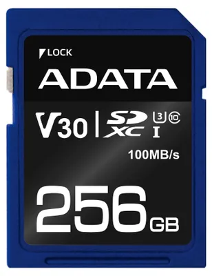 Zdjęcie produktu dla ADATA ASDX256GUI3V30S-R, 256 GB, SDXC, Klasa 10, UHS-I, 100 MB/s, 60 MB/s
