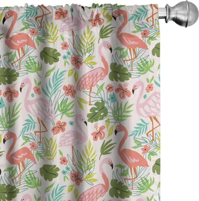Produktbild von ABAKUHAUS Flamingo Vorhänge, Gardinen, Tropische Vögel Exotische Hibiscus Blüten und Monstera Blätter Tropical Hand gezeichnet, 2 Stück 75 x 175 cm, Mehrfarbig