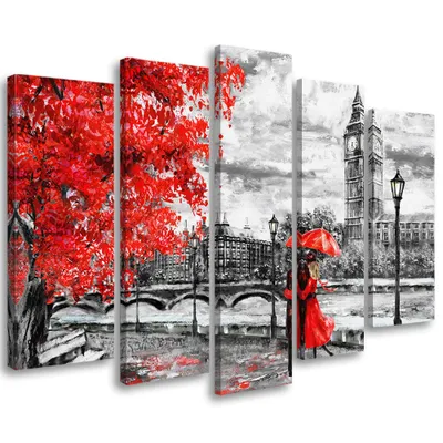 Obrázok produktu pre Obraz na plátne v 5 sekciách londýn dáždnik červený 150x100 cm Feeby červená maľba na stenu pripravené na zavesenie
