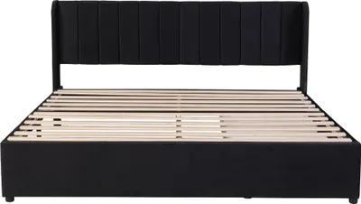 Produktbild von Merax Polsterbett 180x200cm Doppelbett mit Lattenrost und 2 Schubladen, Stauraumbett Holzbett Funktionsbett Samt, Schwarz