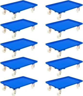 Produktbild von SparSet 10x Transportroller für Euroboxen 60x40cm mit Kunststoffräder blau | Geschlossenes Deck | 4 Lenkrollen | Traglast 300kg | Kistenroller Logistikroller Rollwagen Profi-Fahrgestell