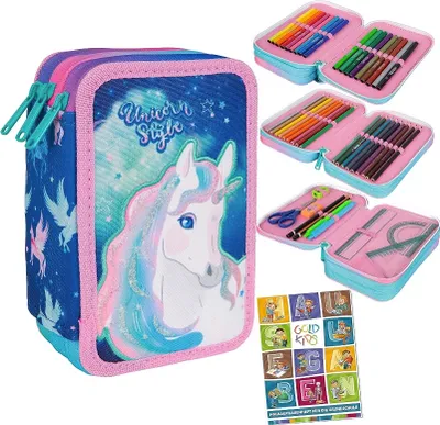 Produktbild von Federtasche 3-fache Federmappe Colorino Unicorn Einhorn Federmäppchen 46-teilig gefüllte Schüleretui Stifte und Pinsel inkl. Aufgabenheft Federbox Etui Stiftetasche Schlamper-Etui Schul-Etui