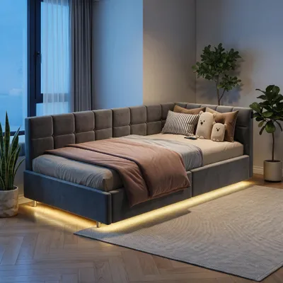 Zdjęcie produktu dla Łóżko tapicerowane INONEFT, model boxspring, 90x200 cm, z portami USB i Type C, łóżko hydrauliczne z pojemnikiem na pościel, stelaż łóżka z listwami, kolor szary, obicie z weluru, bez materaca