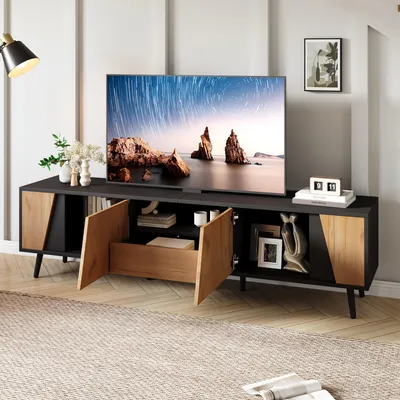 Produktbild von STILVORA TV-Schrank mit Schubladen und 2 Schränken,TV-Lowboard mit 6 Stützbeinen aus Holz,Passend für 75-Zoll-Wohnzimmerschränke,schwarz