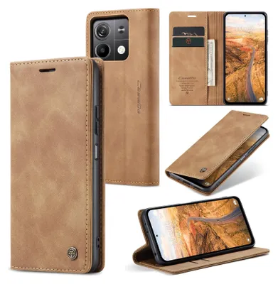 A collage of images showing a brown leather phone case for a Xiaomi Redmi Note 13 5G, with various angles and views, including the inside card slots and the phone in the case.