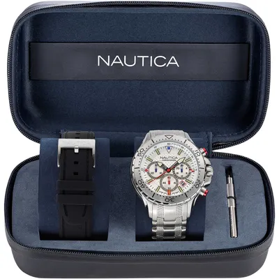 Zdjęcie produktu dla Chronograf Nautica, posrebrzany/stalowy, z zakręcaną koronką  Kolekcja Nst Chrono – męski