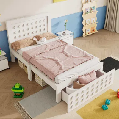 Produktbild von Kinder- & Jugendbett mit kreativem Design, Massivholzrahmen inkl. Lattenrost, Schubladen & Stauraum, Weiß, 90x200 cm, ohne Matratze