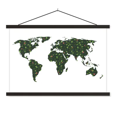 Produktbild von MuchoWow® Textilposter Weltkarte - Tropische Pflanzen - Weiß 90x60 cm mit schwarzem Rahmen - Aufhängungssatz