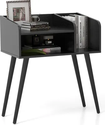 Produktbild von KOMFOTTEU Nachttisch mit offenen Regalen, Beistelltisch 50 x 32 x 58 cm mit Metallbeinen, schmaler Nachtkonsole für Schlafzimmer Wohnzimmer (1, Schwarz)