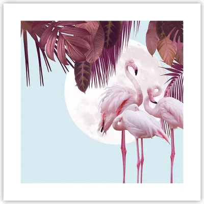 Produktbild von Poster - Poster ohne Rahmen - Flamingos Palmen Mond - 40x40 cm - Wand Bild - Wanddeko - Wandbilder - Kunstposter - Wandposter - Bilder - Kunstdruck - Wanddekoration - Wandbild - P2XAC40x40-4598