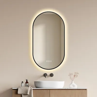 Produktbild von EMKE Badspiegel mit Beleuchtung, Antibeschlag 3 Lichtfarben Dimmbar Touch-Tasten, Badezimmerspiegel 75x45 cm Oval Schwarzer Rahmen