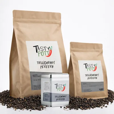 Produktbild von Tasty Pott Tellicherry Pfeffer , schwarz, ganz - im Beutel - 250g