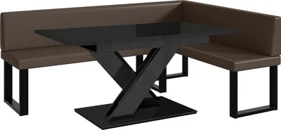 Produktbild von MEBLINI Eckbank für Esszimmer mit ausziehbarem Tisch  - Küchenbank - Essecke - Sitzecke Küche - TONI - U-Beine 142x196x87cm Rechts - Braun Kunstleder/B Schwarz Hochgl.