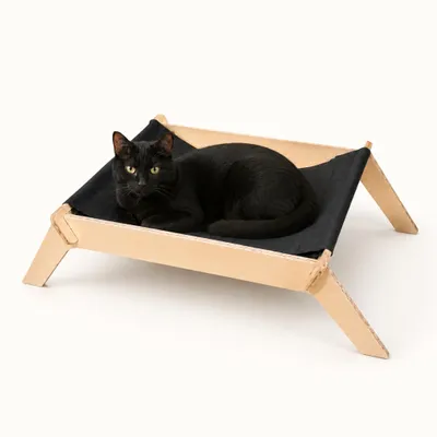 Image de Lit pour chat surélevé en bois avec hamac en coton lavable - Couchage pour chat, taille L 79,5 x 42,5 x 19 cm - Gris foncé