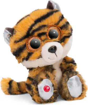 A plush toy tiger sitting on a white background.