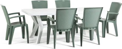 Produktbild von Outdoor-Essset mit rechteckigem Tisch 200x95 cm und 6 stapelbaren Stühlen aus Harz – modernes Design mit Rattanoptik, ideal für Garten, Terrasse und überdachte Außenbereiche – SAMUEL+DIANA – Weiß/Salbeigrün