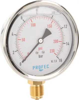 Produktbild von Profec Manometer 0 - 16 bar, Glyzeringefüllt, Ø 100 mm, 1/2 Zoll Anschluss nach unten Radial
