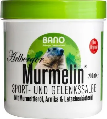 A product shot of a jar of Arlberger Murmelin Sport- und Gelenkssalbe.