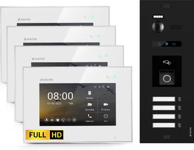 Produktbild von BALTER EVO HD Schwarz Video Türsprechanlage Fingerprint Set 4 Teilnehmer 4x7" Monitor Weiß