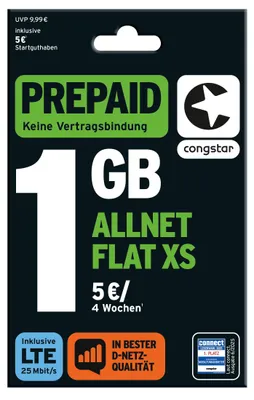 Produktbild von congstar Prepaid Allnet XS mit doppeltem Startguthaben: 1 GB Datenvolumen & Flatrate für Telefonie und SMS, 5G-Speed, EU-Roaming