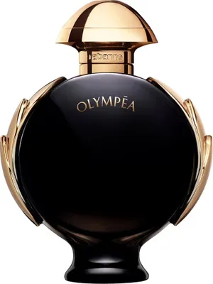 A product shot of a black and gold perfume bottle.