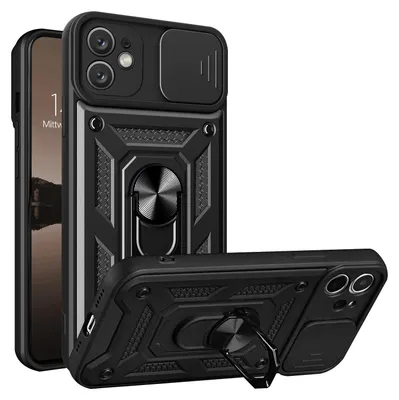 A black protective phone case with a camera cover and a ring holder is shown from two angles.