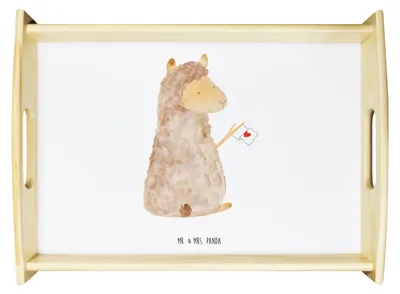 Produktbild von Mr. & Mrs. Panda Tablett Alpaka Fahne - Weiß - Geschenk, sofatablett, Alpakas, Sofa, holz, Holztablett, Liebe, Servier, Lamas, Lama