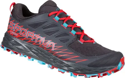 Trailrunning-Schuh "Lycan Woman Gtx" von La Sportiva in Schwarz mit roten und blauen Akzenten.