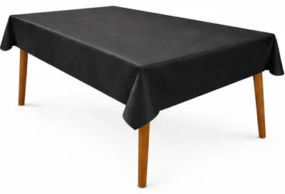 Glänzende Tischdecke 150 x 300 cm in Schwarz, edel drapiert auf Tisch, ideal für festliche Anlässe, Halloween oder Trauerfeiern.