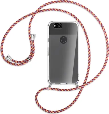 Produktbild von Handykette Backcover-Schutzhülle mit Band (Metall silberfarben) für Google Pixel 2 - weinrot/gelb/grau