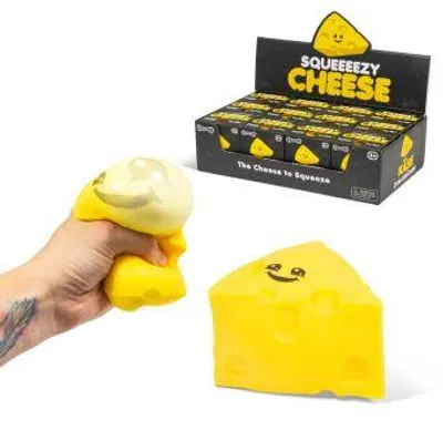 Produktbild von Gelbes Anti-Stress Quetsch-Spielzeug in Käseform mit Löchern, elastisch, ca. 7 x 6 cm