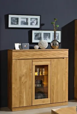 Produktbild von Highboard Arcona 120x127 Wildeiche Riffelfront 1 Glastür 2 Holztüren 1 Schublade