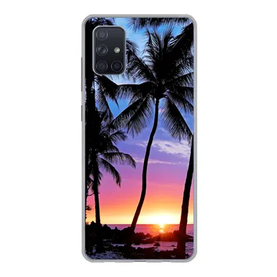 Produktbild von MuchoWow® Handyhülle Schutzhülle Hülle für Samsung Galaxy A71 Eine Silhouette von Palmen während eines Sonnenuntergangs auf Hawaii Silikon Softcase Handy Hülle - Kartenbesitzer