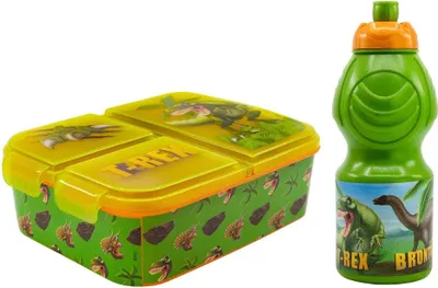 Produktbild von Dinosaurier T-Rex Kinder 2 teiliges Set Brotdose mit 3 Kammern plus Trinkflasche