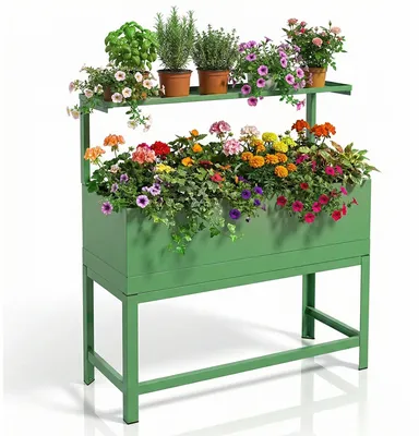 Produktbild von Hochbeet mit Bewässerungssystem für Balkon und Garten Pflanzkasten für Kräuter, Selbstbewässernd, Gemüse & Blumen, Mit klappbarem Dach, Metall, Grün