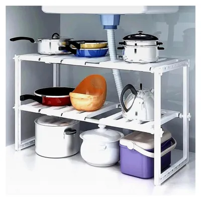 Produktbild von Unterschrank mit 2 Ebenen, Teleskop-Aufbewahrungsregale für Küche, Büro, Badezimmer (weiß)
