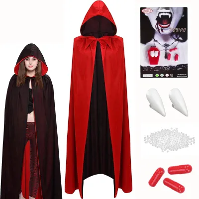 Produktbild von Halloween Vampir Kostüm Set für Frauen mit Umhang und Zähnen